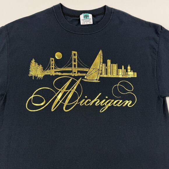 Vintage Michigan Mackinac Bridge Lake Sailboat Gold Embossed Striped Shirt XL - Picture 2 of 7